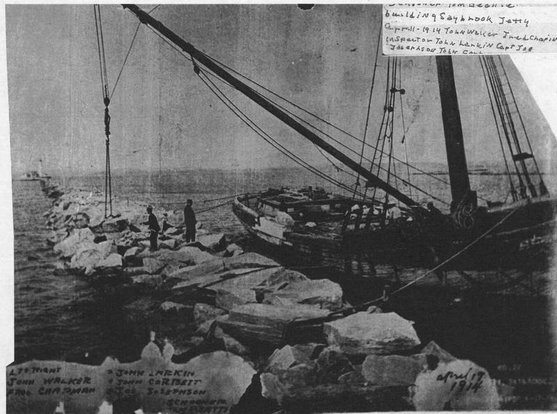 Tom Beattie on schooner building Saybrook Jetty 1914.jpg