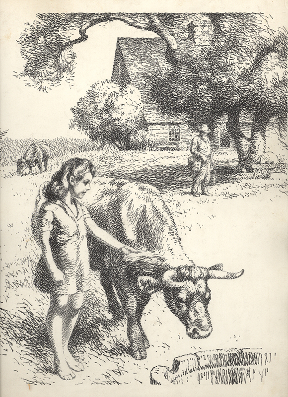 Pen Ink Girl Ox Cow House.jpg