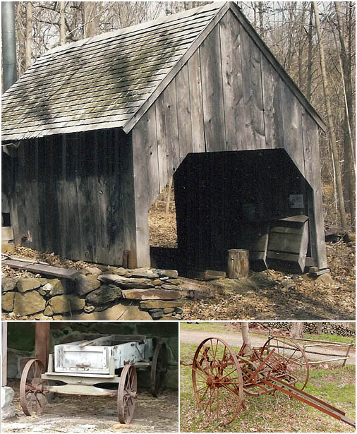 images of items on the Dudley Farm, including a wagon, the hay tedder and the sugar house