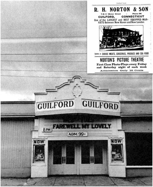 image of the Guilford Theater and a 1913 advertisement for Norton's Picture theater, from the Guilford Directory