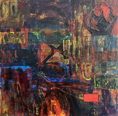 Abstract colorful painting by Denysia Thomas, entitled "The Tragedy of Sofia"
