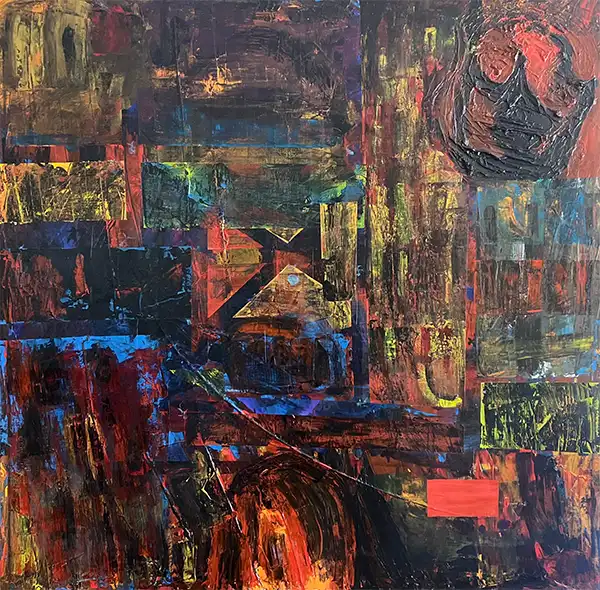 Abstract colorful painting by Denysia Thomas, entitled "The Tragedy of Sofia"